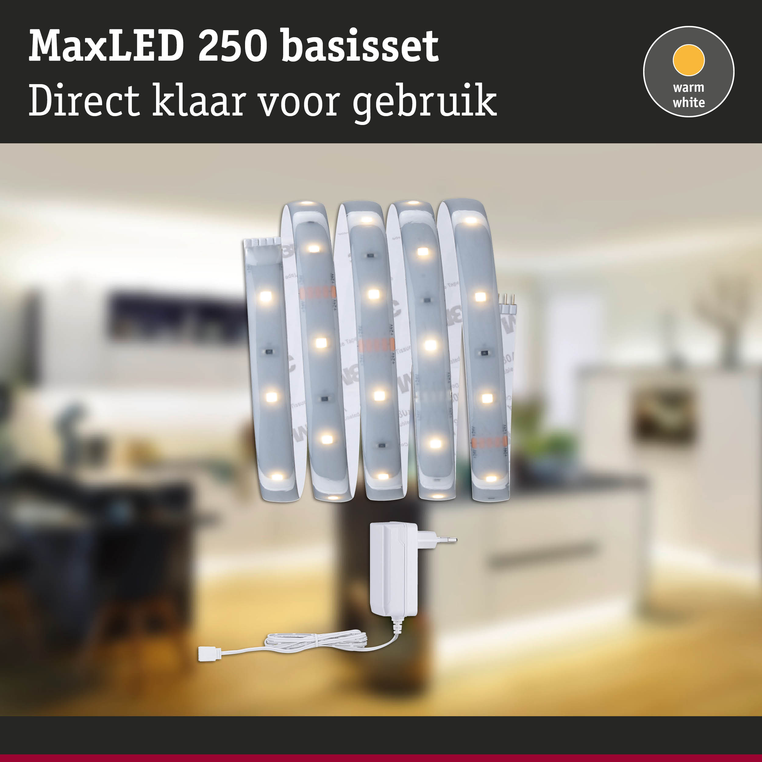 MaxLED 250 basisset met warm wit licht en adapter voor eenvoudige installatie in huis
