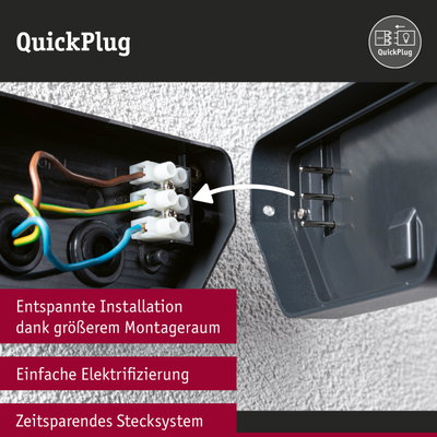 Schwarzes QuickPlug Outdoor 230V Stecksystem mit farbigen Kabeln für einfache Elektrifizierung im Außenbereich