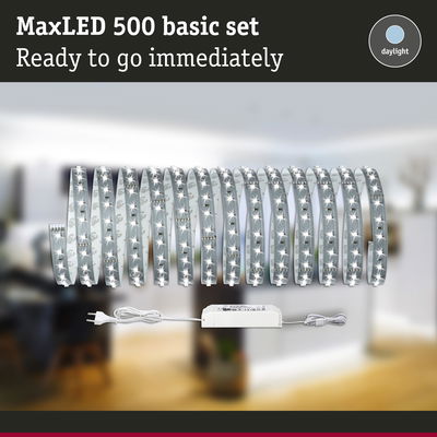 MaxLED 500 LED strip with power supply in white, daylight colour for versatile room lighting