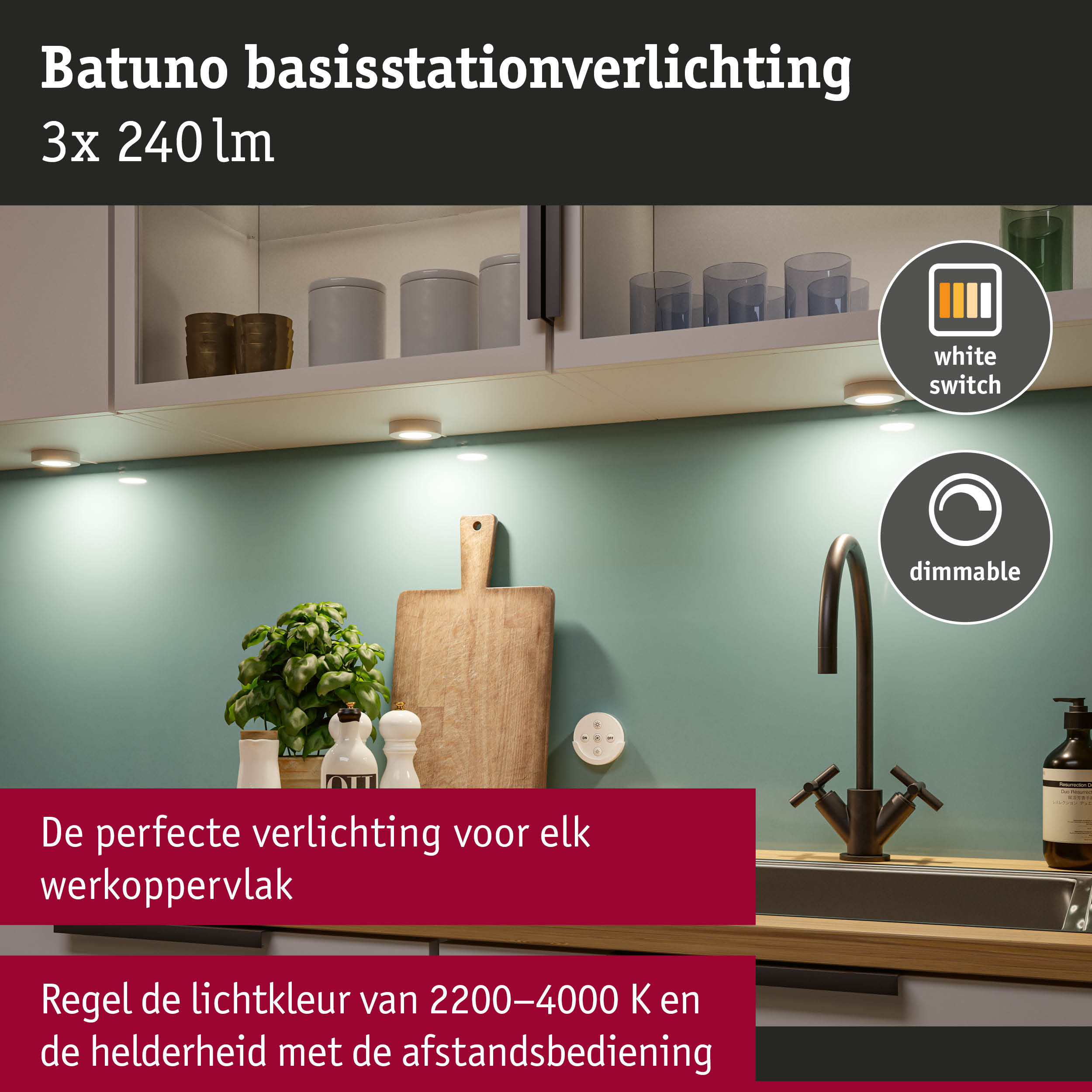 Moderne dimbare witte LED onderbouwverlichting met afstandsbediening voor keukenwerkbladen