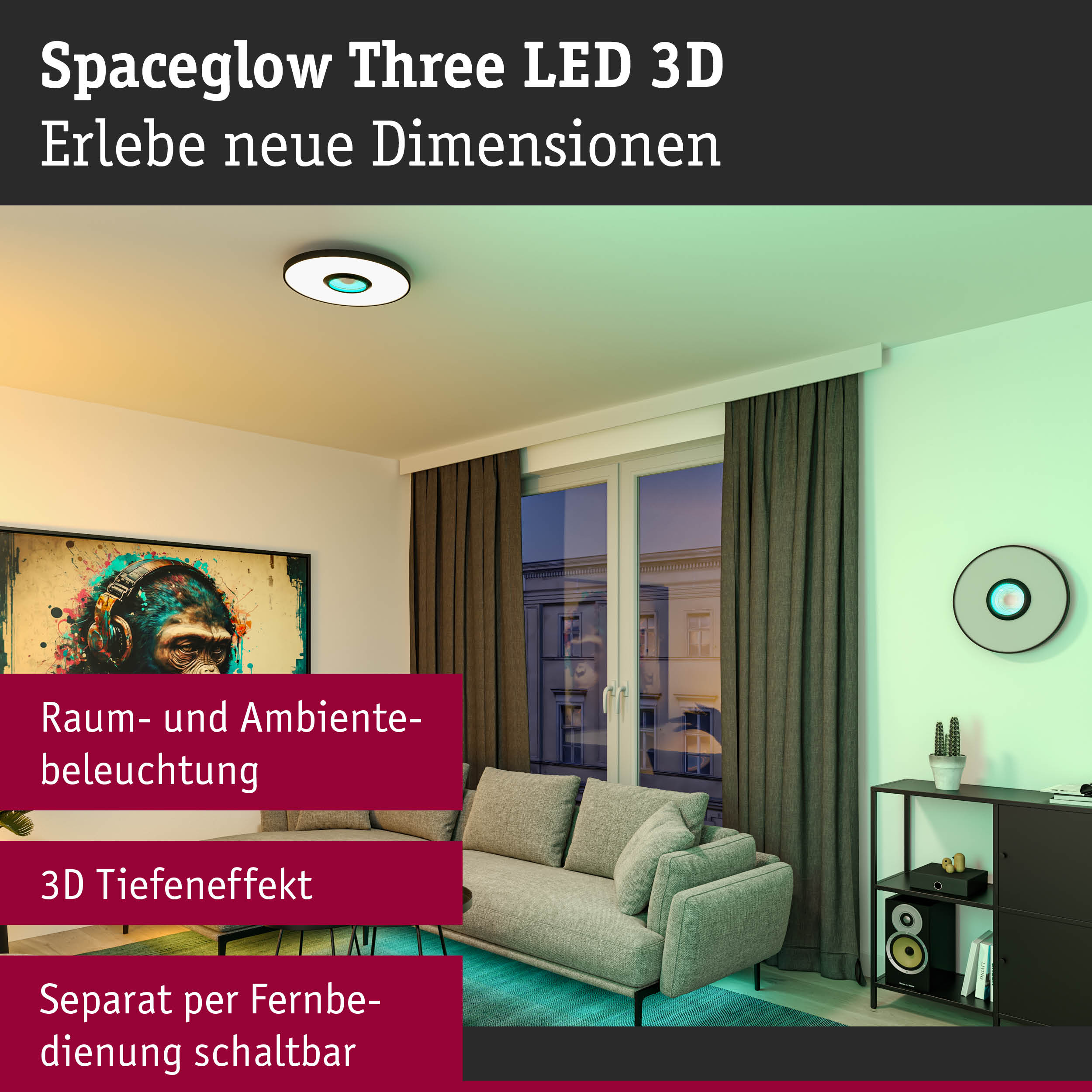 Runde Spaceglow Three LED 3D Deckenleuchte in Weiß mit 3D-Tiefeneffekt und Fernbedienung