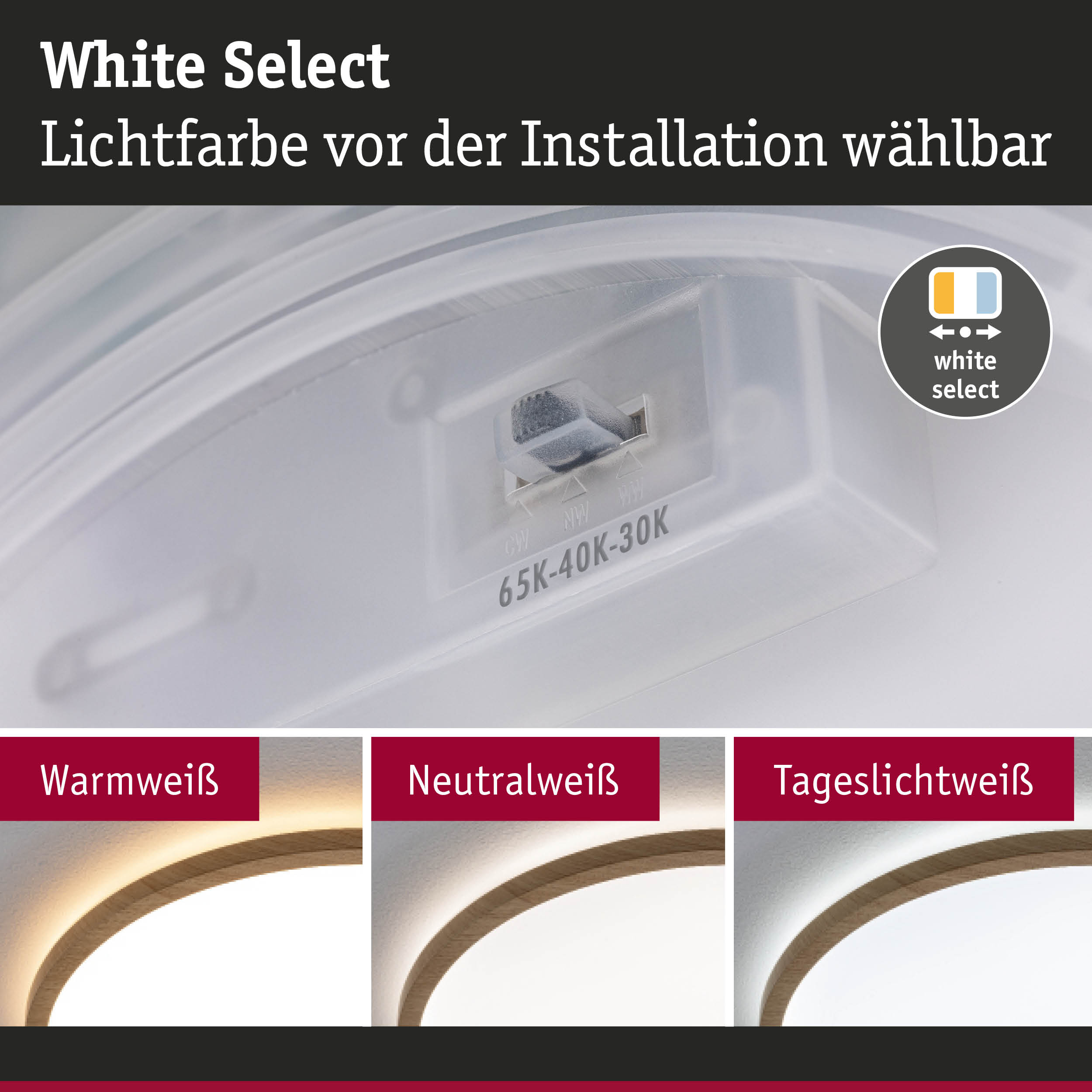 Weiße LED-Deckenleuchte mit einstellbarer Lichtfarbe in Warmweiß, Neutralweiß und Tageslichtweiß