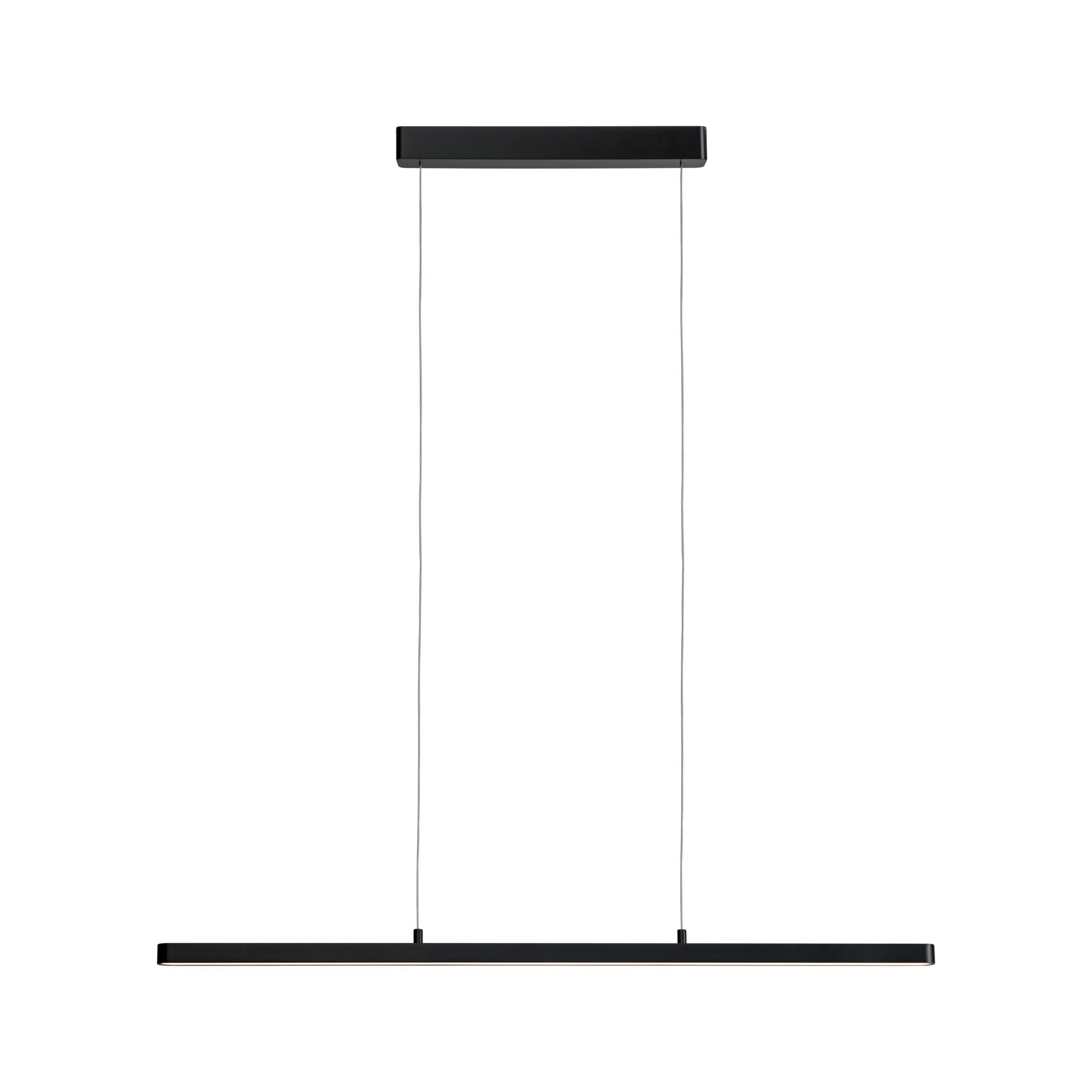 Black metal LED pendant light with slim design for modern interiors and energy-efficient lighting.
