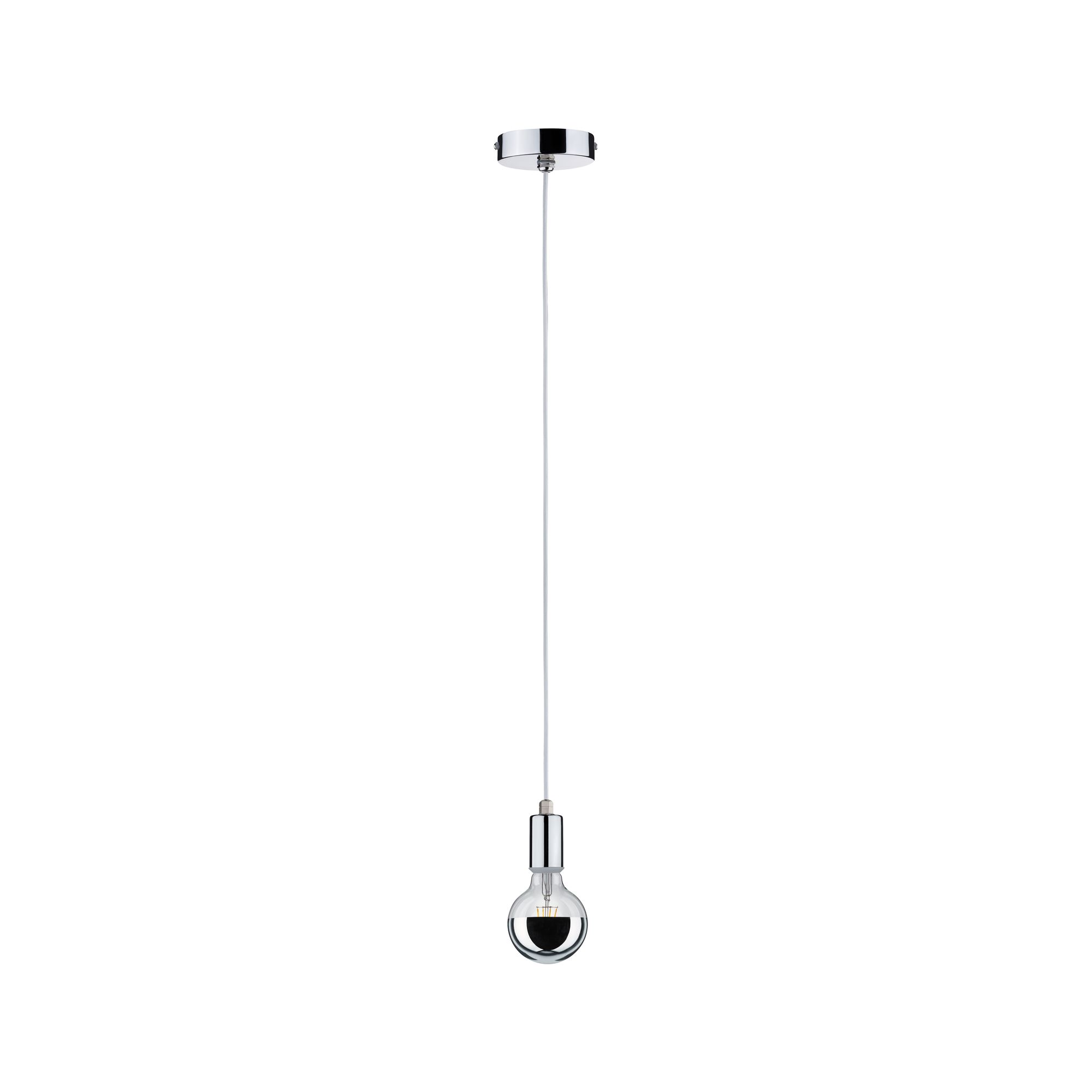 Modern pendant light with chrome metal and half-mirrored bulb for stylish interior lighting