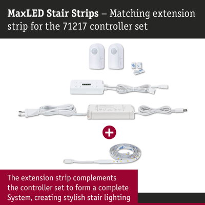 MaxLED stair lighting extension set in white with controller and LED strip for stylish stair illumination