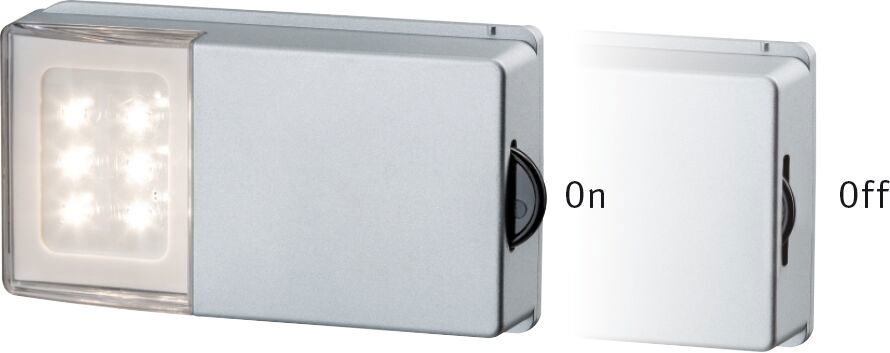 Compact silver LED light with slide switch showing on and off states, energy-saving lighting