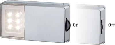 Compact silver LED light with slide switch showing on and off states, energy-saving lighting