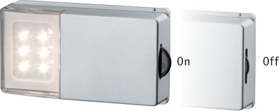 Compact silver LED light with slide switch showing on and off states, energy-saving lighting