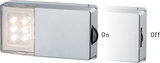 Compact silver LED light with slide switch showing on and off states, energy-saving lighting