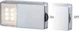 Compact silver LED light with slide switch showing on and off states, energy-saving lighting