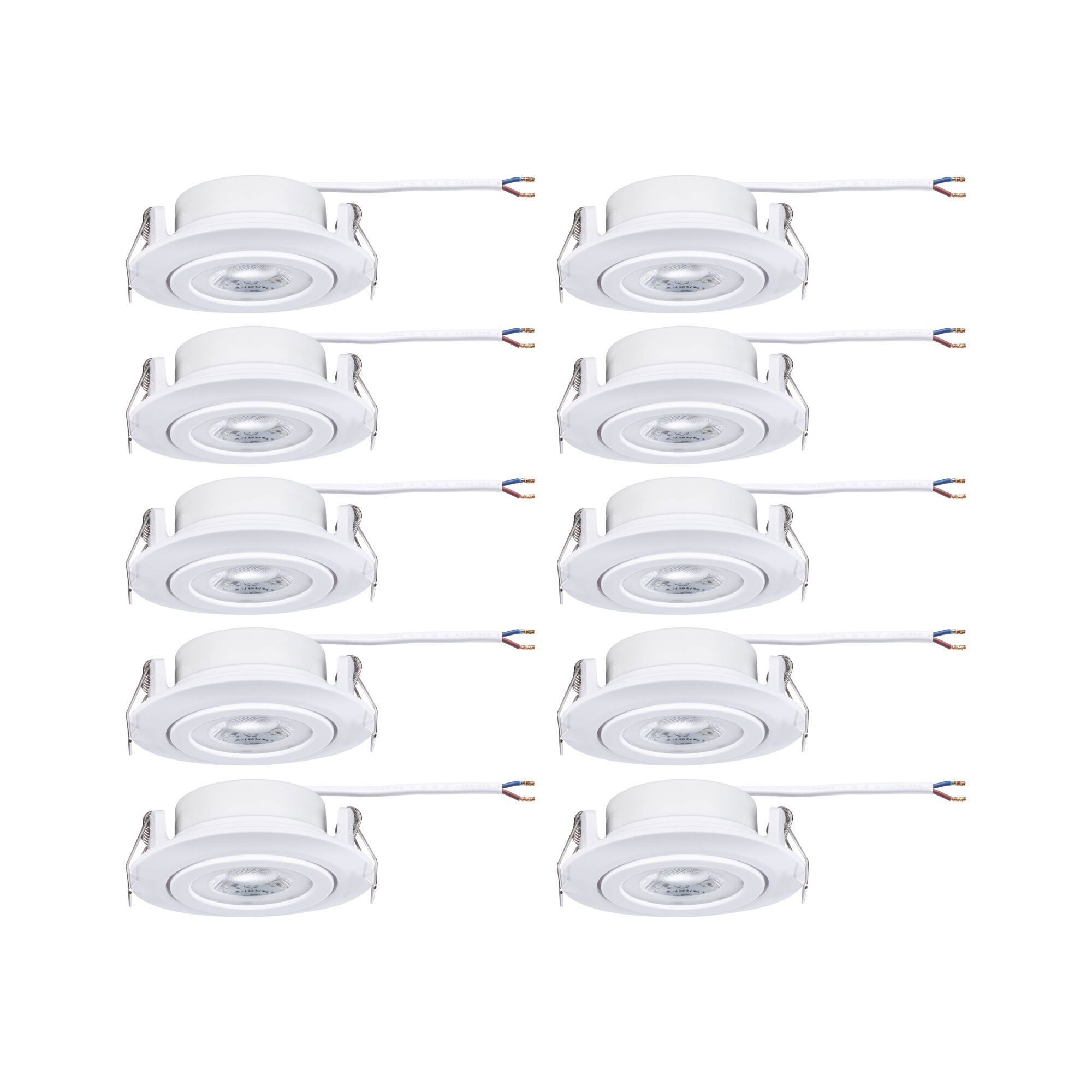 Ten white plastic LED recessed spotlights with cable for modern ceiling lighting