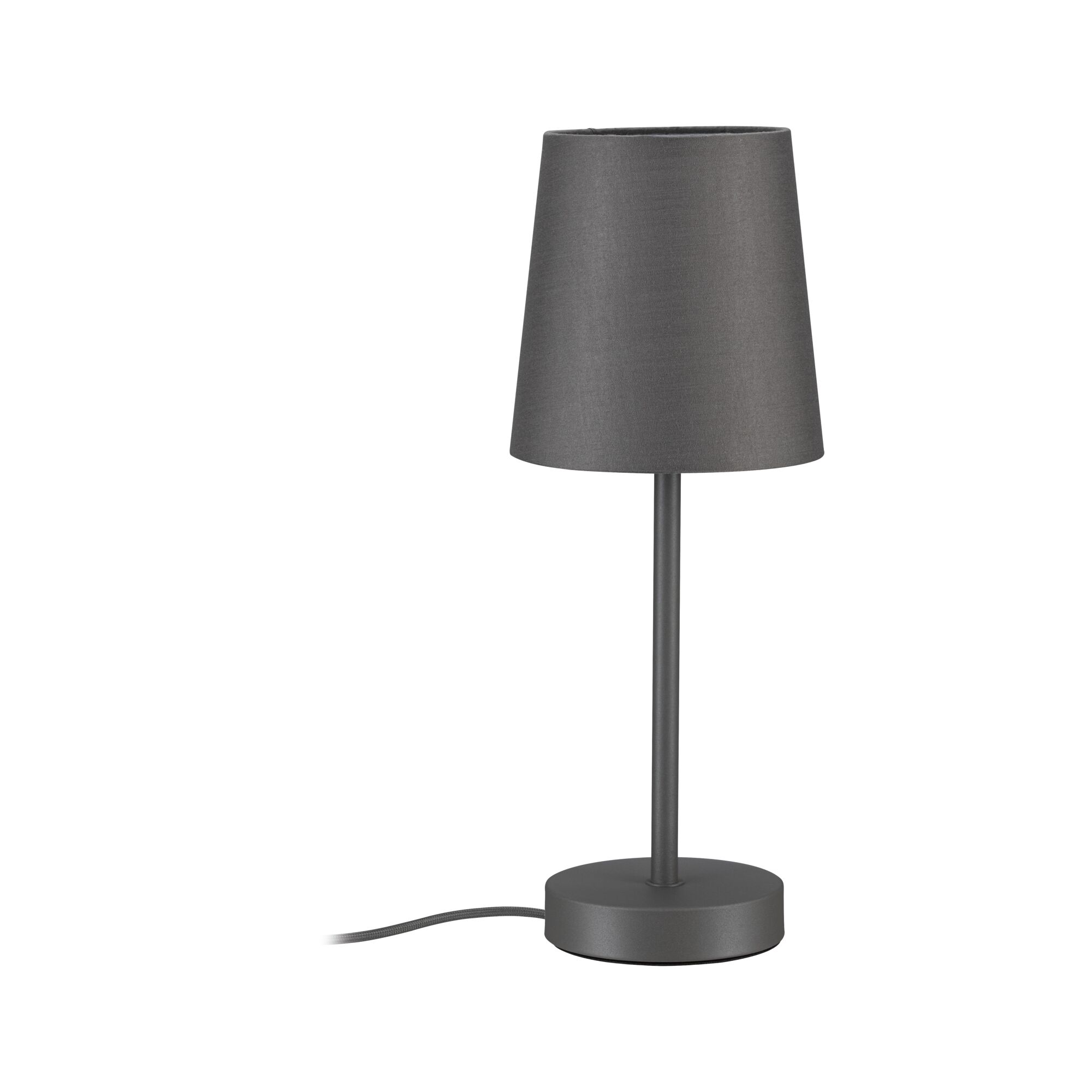 Moderne metalen tafellamp met grijze stoffen kap voor sfeerverlichting in woonruimtes