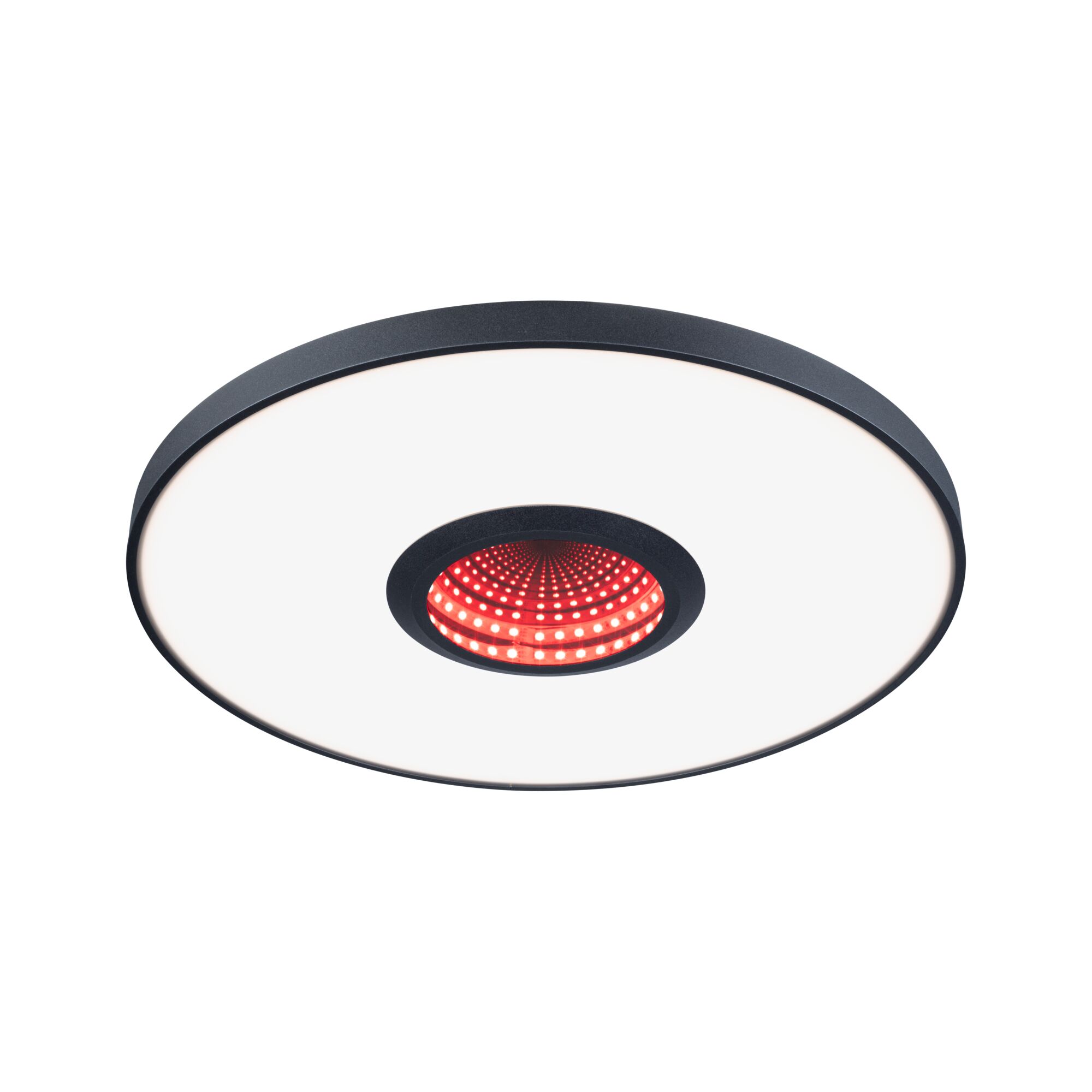 Ronde LED-plafondlamp met zwarte rand en rood oneindigheidseffect in het midden voor moderne verlichting