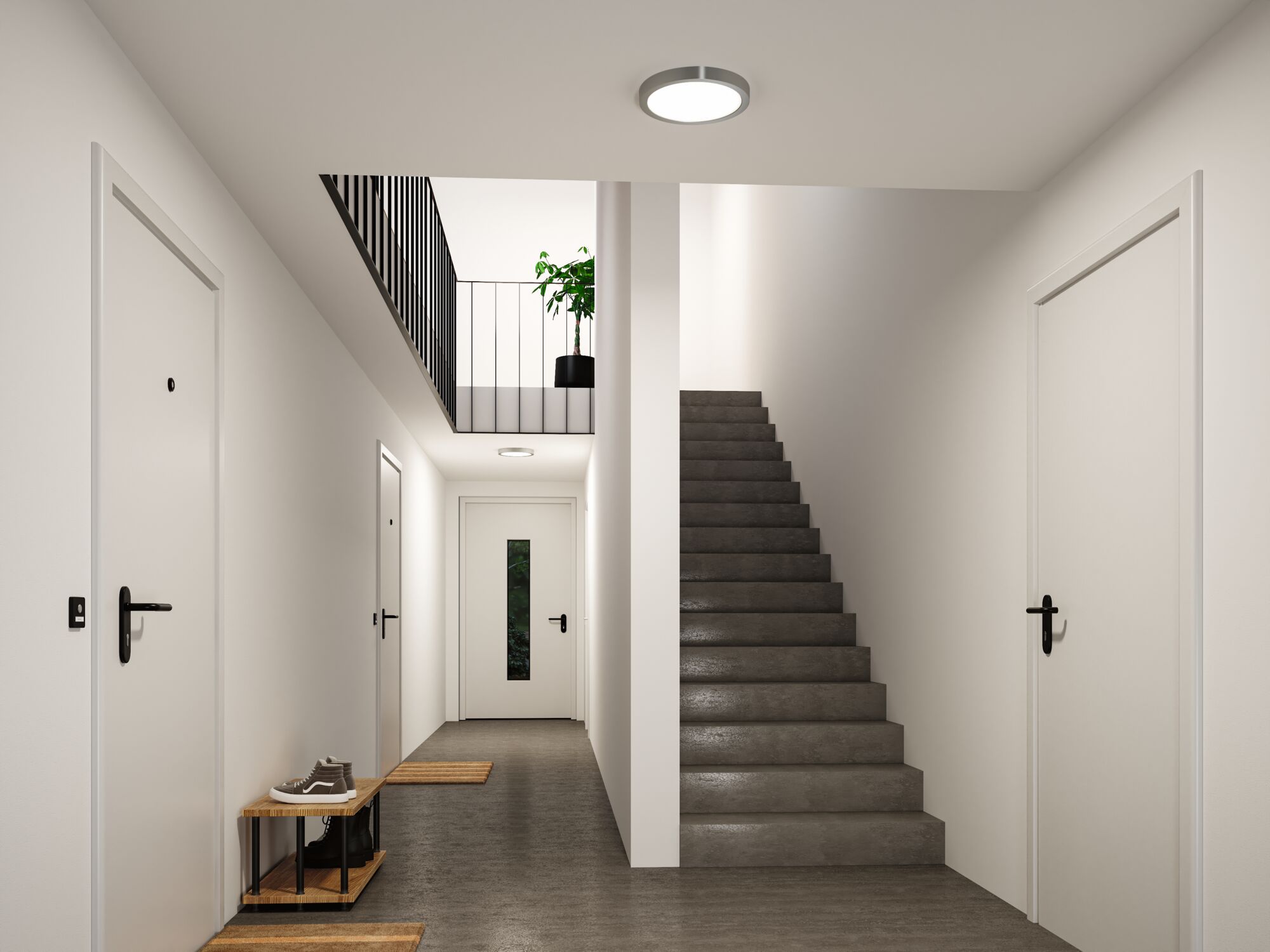 Runder Deckenleuchte mit Aluminiumrahmen in modernem Flur mit Treppe und weißen Türen