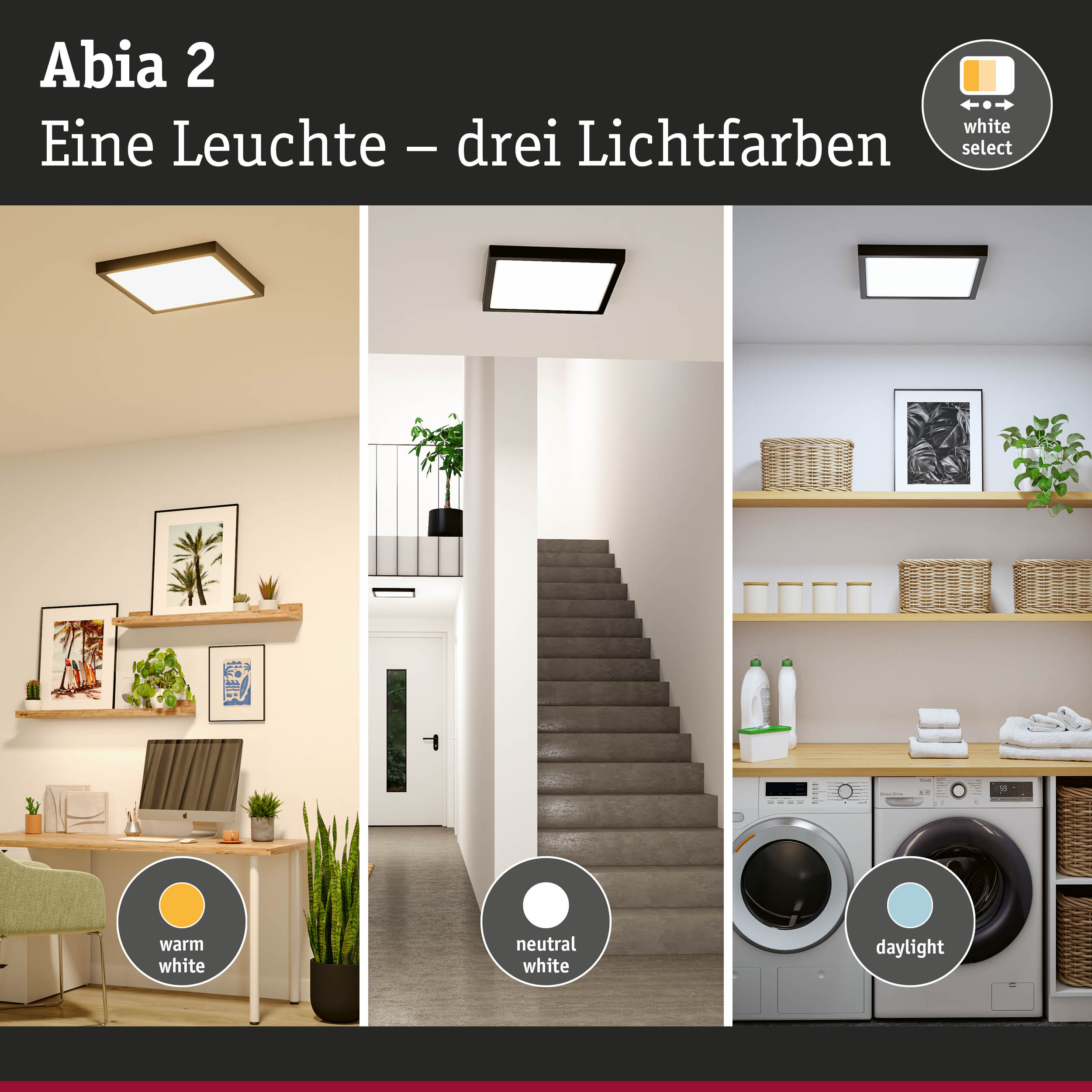 Abia 2 LED-Deckenleuchte in Schwarz mit drei Lichtfarben: warmweiß, neutralweiß, tageslichtweiß