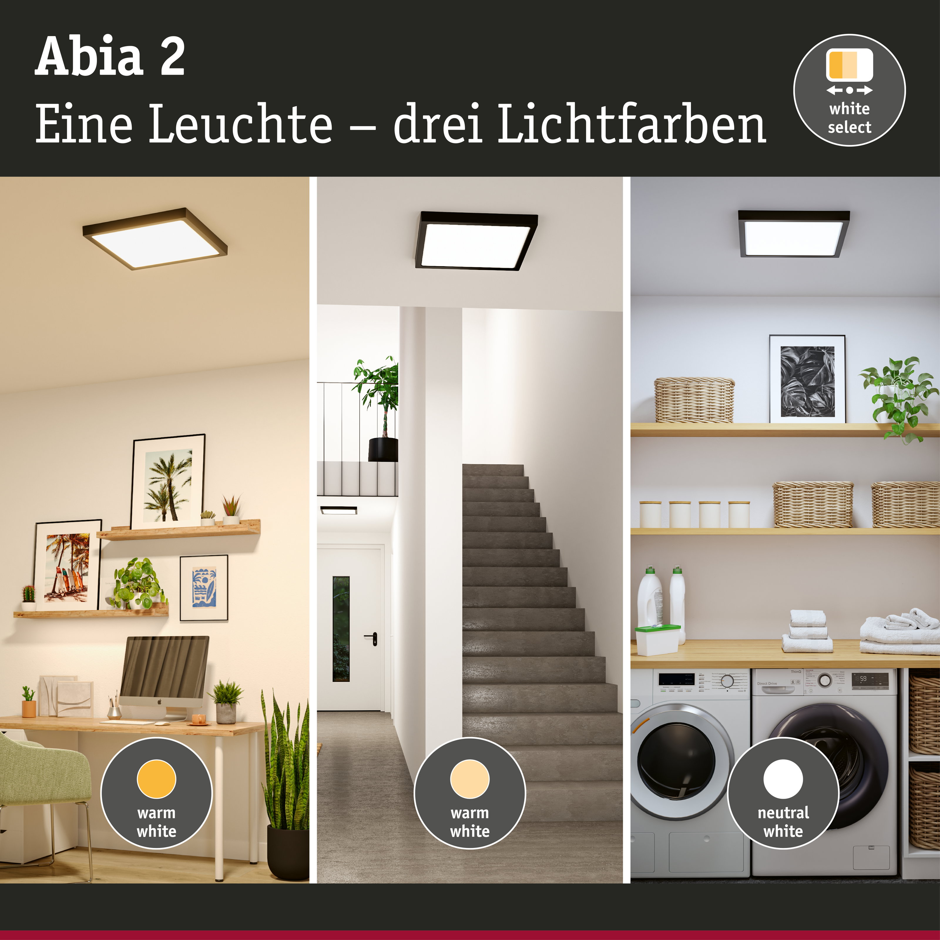 Abia 2 LED-Deckenleuchte in Schwarz mit drei Lichtfarben: warmweiß, neutralweiß, tageslichtweiß