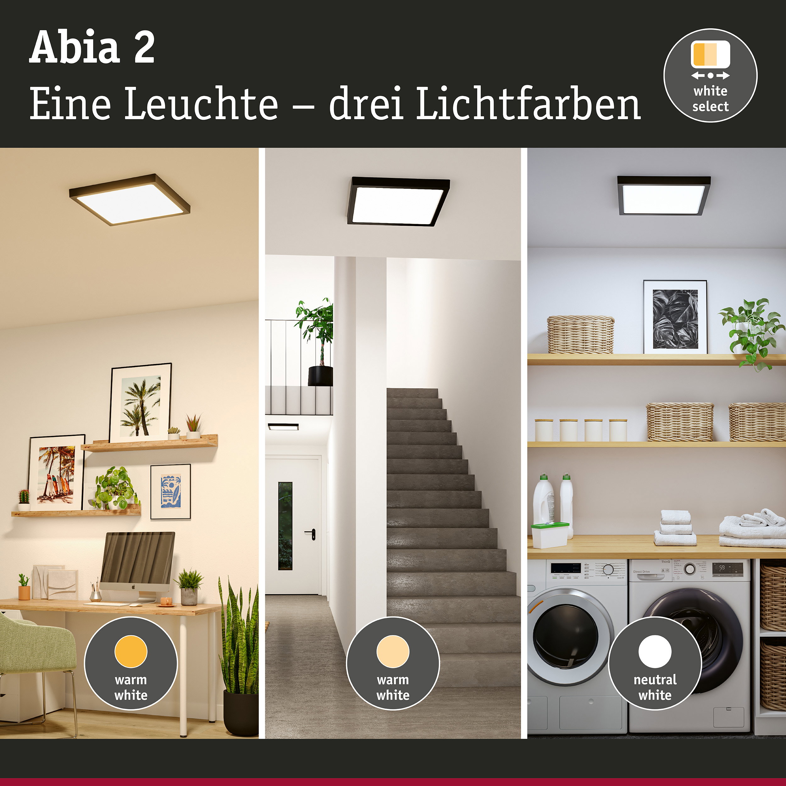 Abia 2 LED-Deckenleuchte in Schwarz mit drei Lichtfarben: warmweiß, neutralweiß, tageslichtweiß