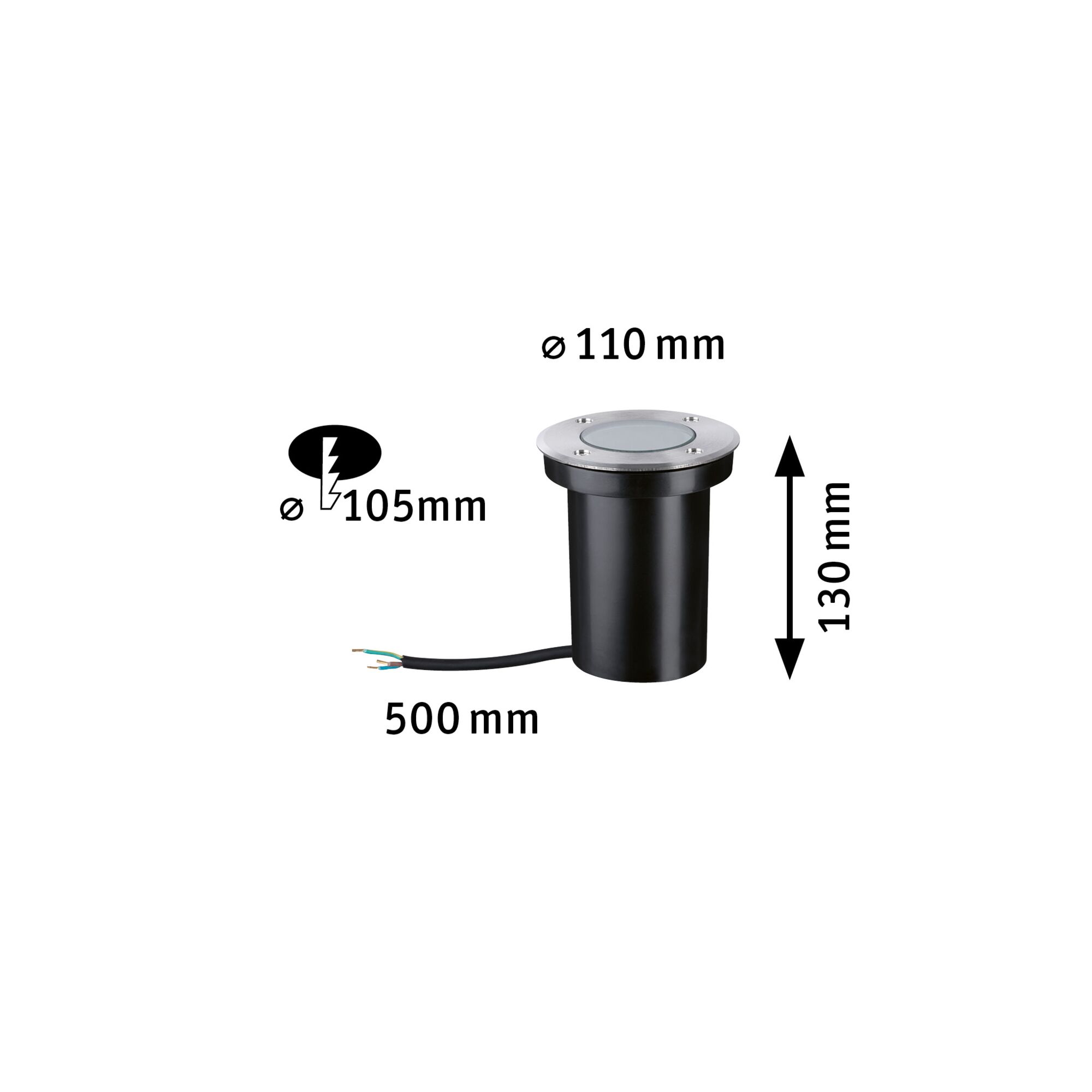 Zwarte inbouw LED-vloerlamp met roestvrijstalen rand, afmetingen Ø110 mm, hoogte 130 mm, kabel 500 mm