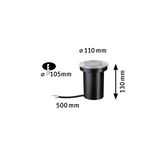 Black recessed LED floor light with stainless steel rim, dimensions Ø110 mm, height 130 mm, 500 mm cable