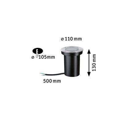 Black metal LED recessed light with silver cover, dimensions 110 mm diameter, 130 mm height