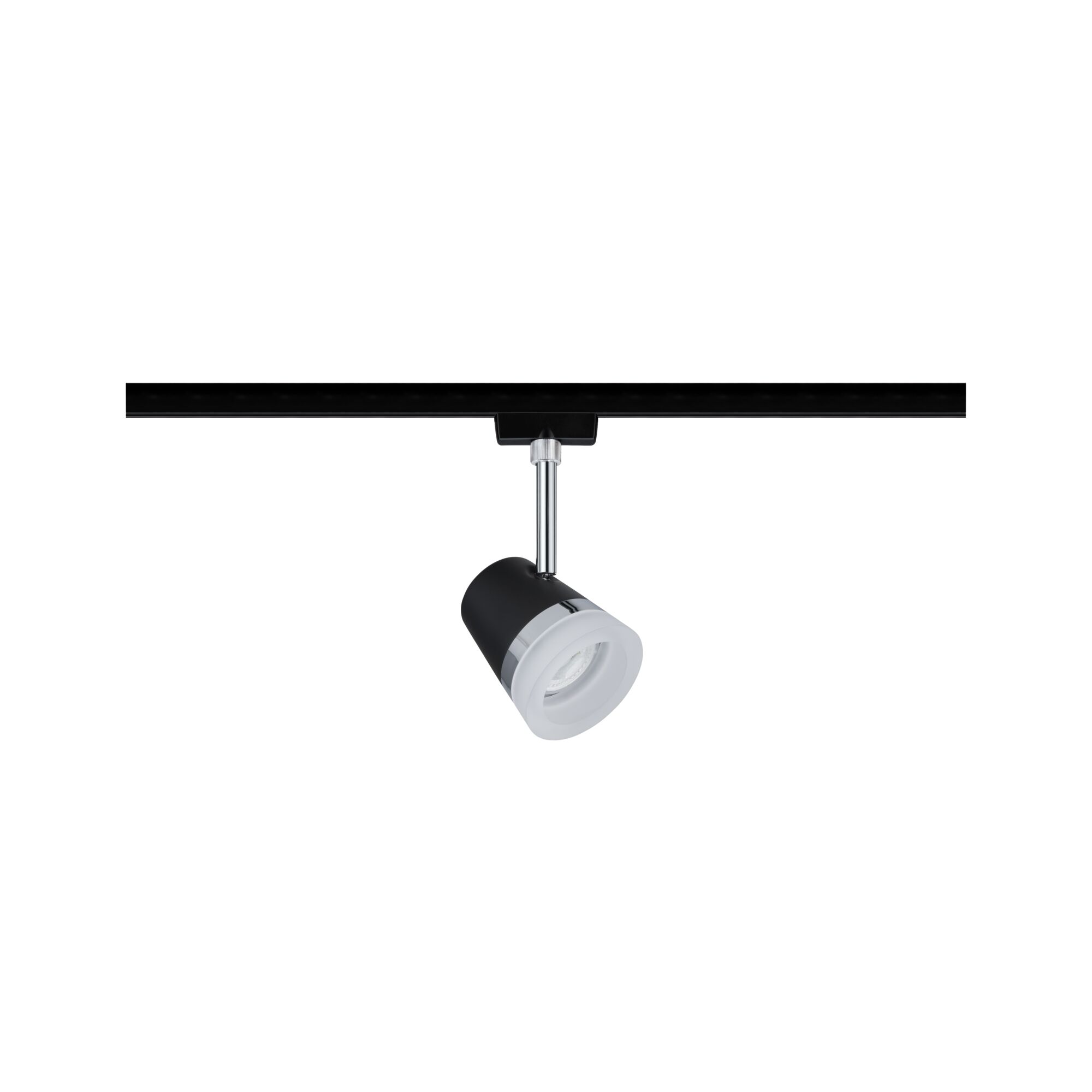 Spot LED noir avec diffuseur blanc sur rail métallique noir pour éclairage intérieur moderne