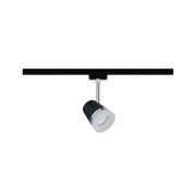 Schwarze LED-Spotleuchte mit verchromtem Halter an schwarzer Schiene für moderne Innenbeleuchtung