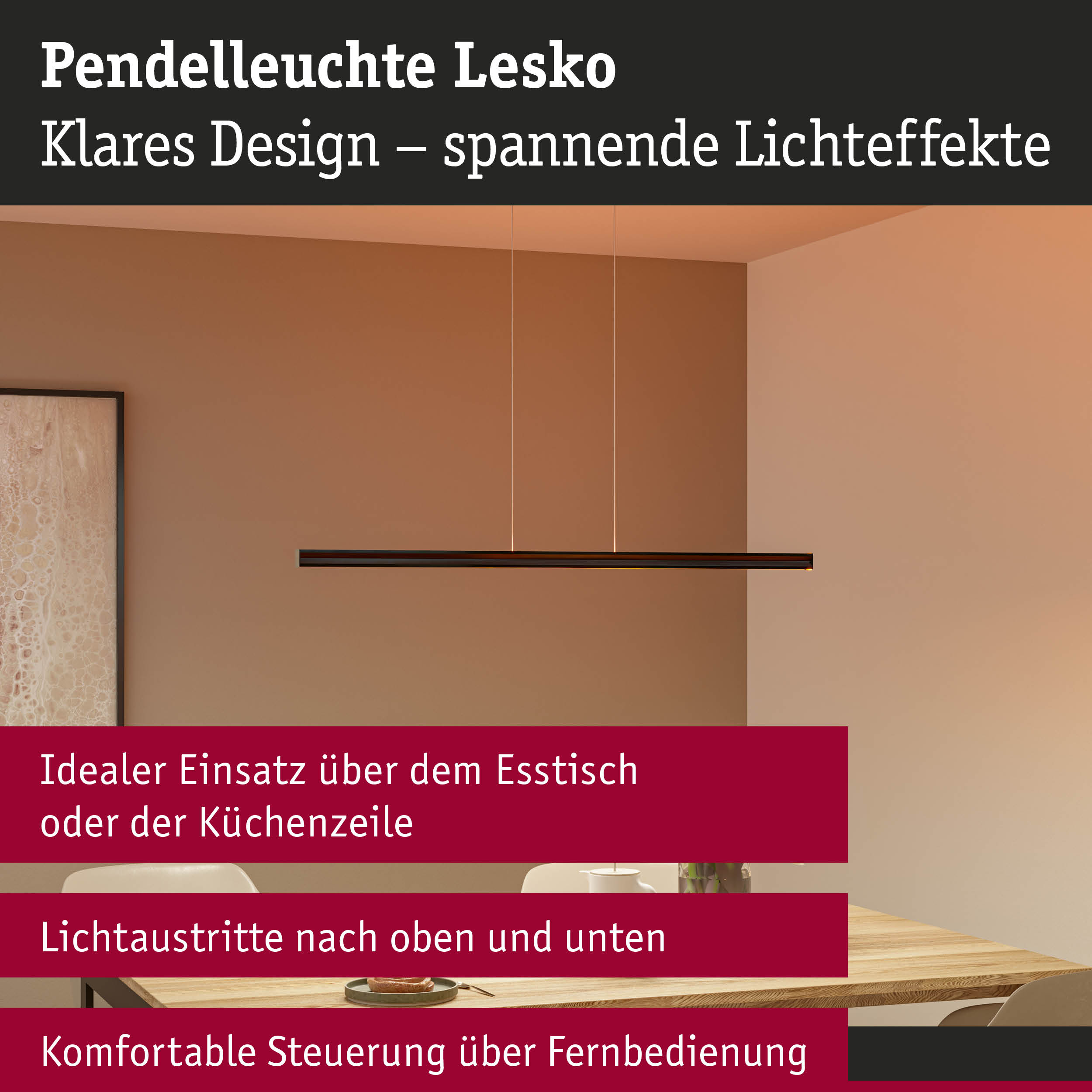 Pendelleuchte Lesko in Schwarz mit klarem Design und Lichtaustritten nach oben und unten für Esszimmer.