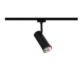 Black LED spotlight with adjustable cylindrical head and rainbow reflection for modern interior lighting