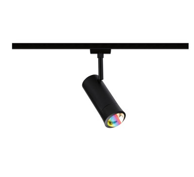Black LED spotlight with adjustable cylindrical head and rainbow reflection for modern interior lighting