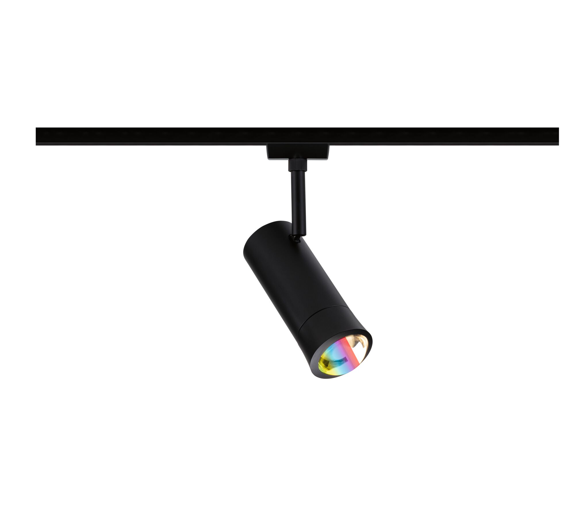 Black metal LED spotlight with rainbow light for modern indoor lighting solutions