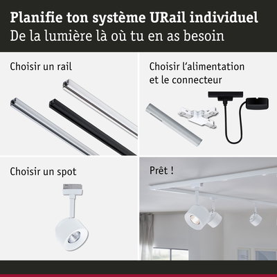 Système modulaire URail avec rails blancs et noirs, connecteurs et spots blancs pour éclairage personnalisé