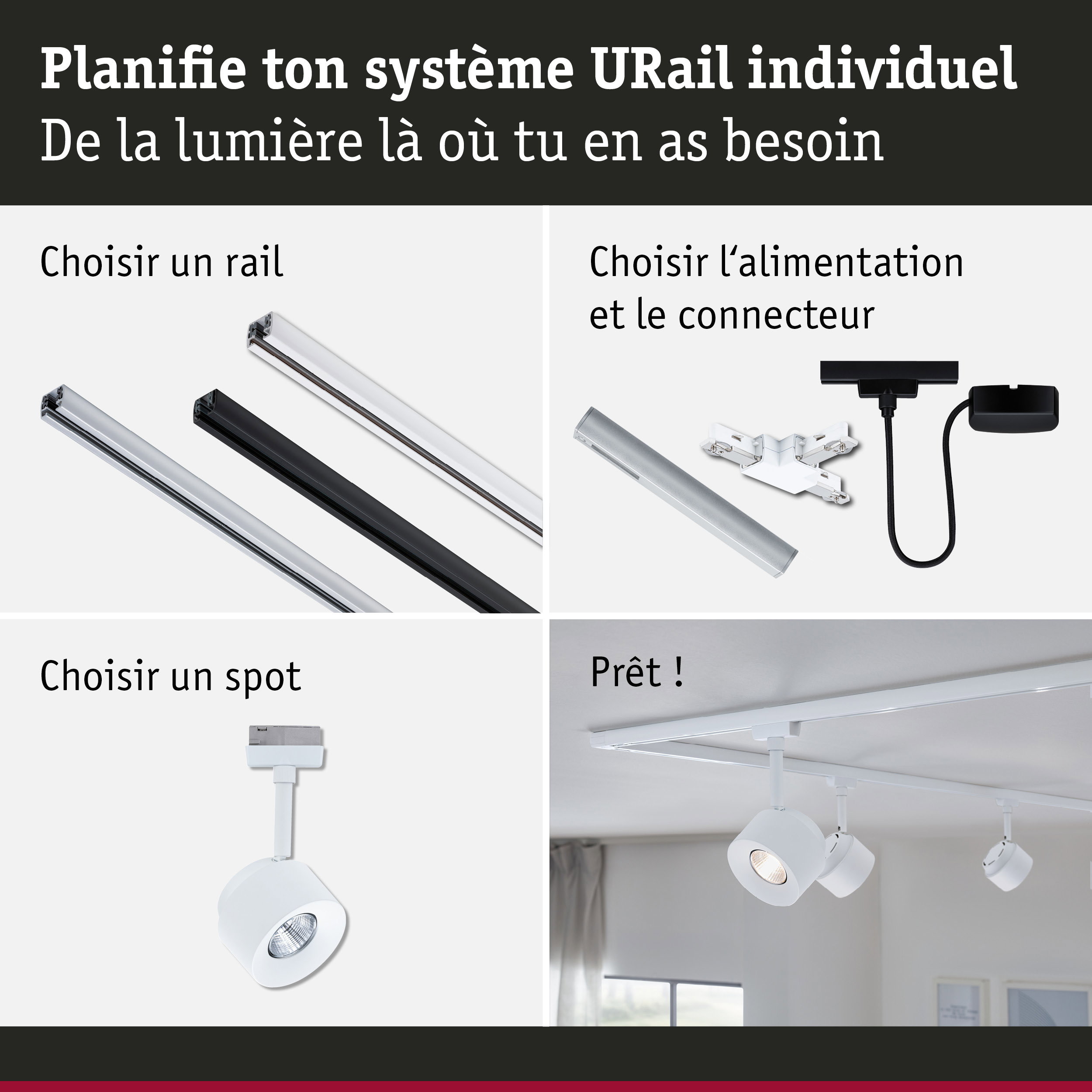 Guide étape par étape pour système de rail URail avec rails blancs et noirs et spots réglables
