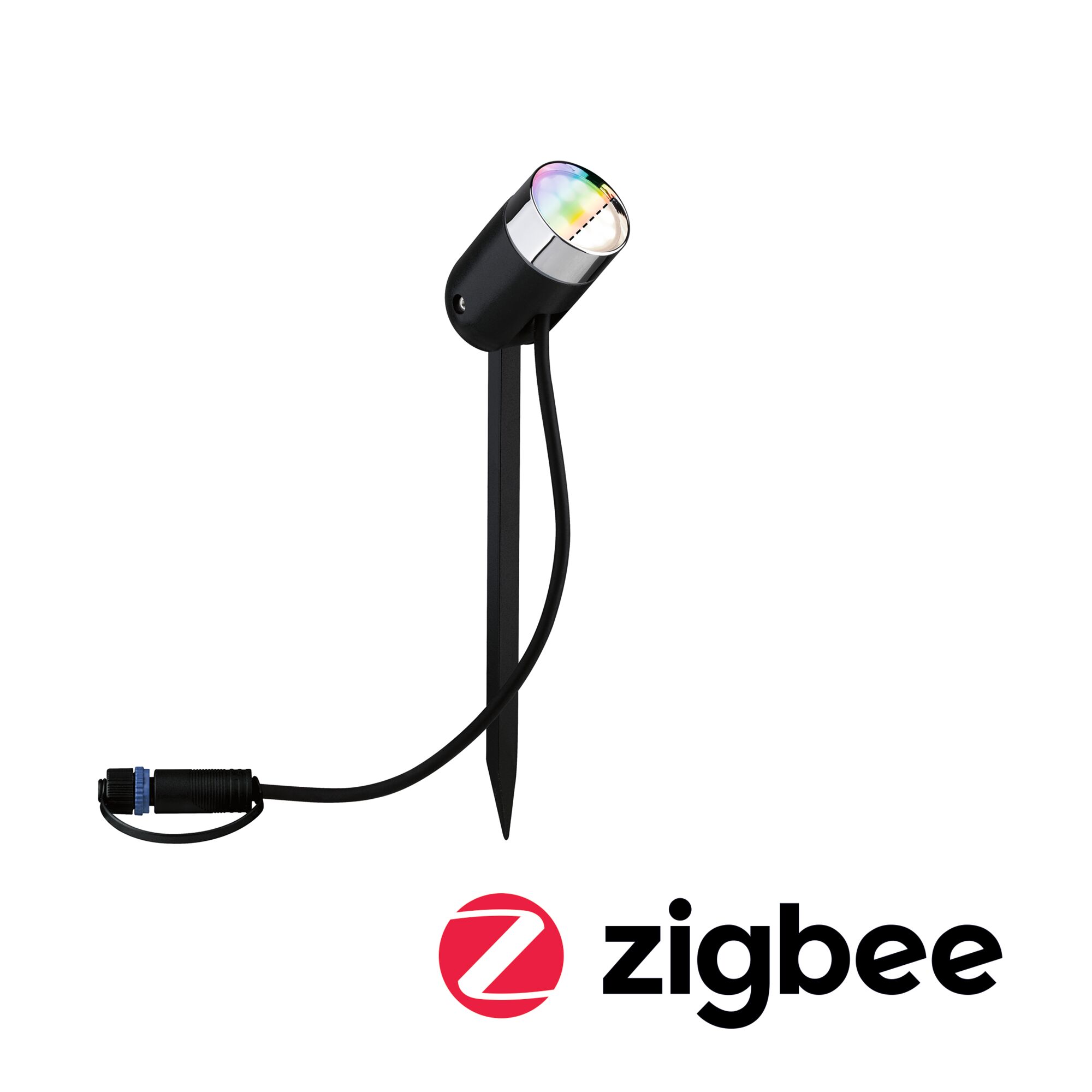 Sort LED-havelampe med jordspyd og kabel, kompatibel med Zigbee smart belysningssystemer