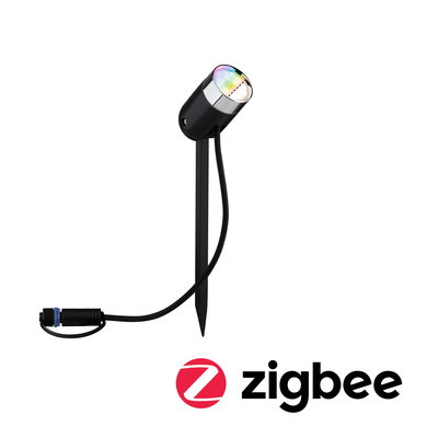 Schwarzer LED-Gartenstrahler mit Erdspieß und Kabel, geeignet für Zigbee Smart Home Beleuchtungssysteme