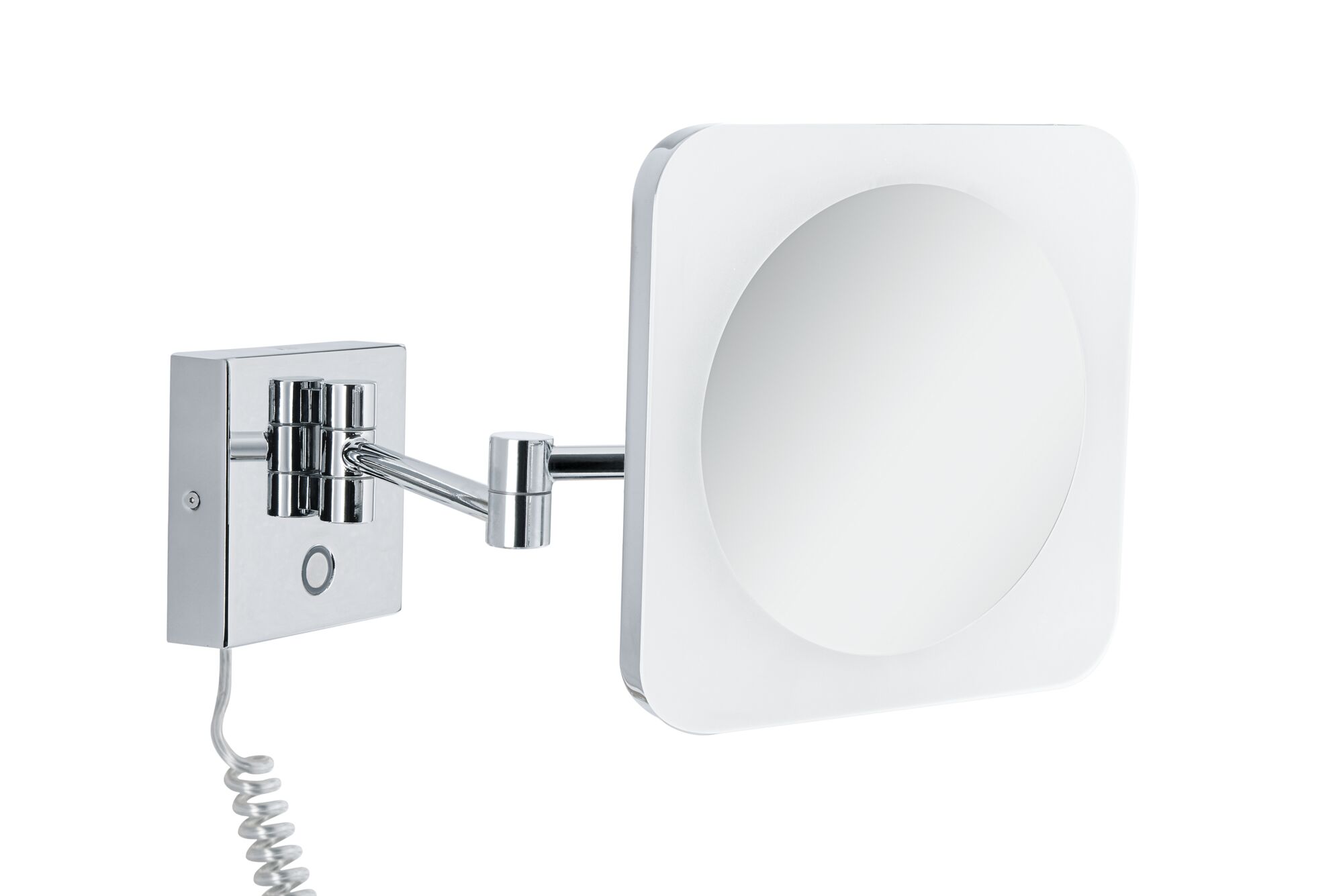 Wall-mounted cosmetic mirror with chrome metal arm and square white frame for bathroom use.