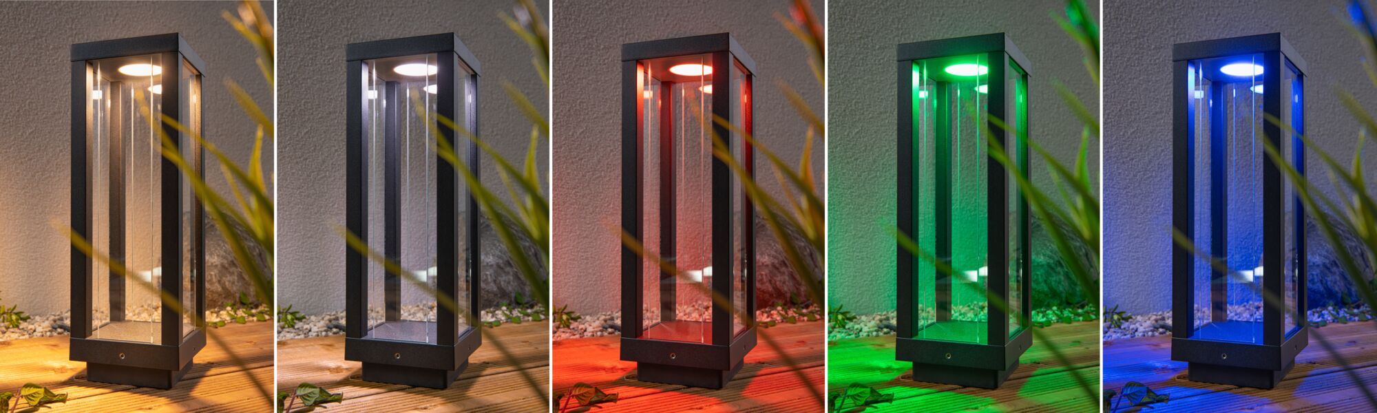 Modern black aluminum outdoor post light with RGB LED and glass, multicolor garden lighting