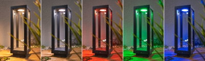 Moderner schwarzer Aluminium-Außensockelleuchte mit RGB-LED und Glas, mehrfarbiges Gartenlicht