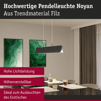 Hochwertige Pendelleuchte Noyan aus grauem Filz, höhenverstellbar, ideal für Esstischbeleuchtung