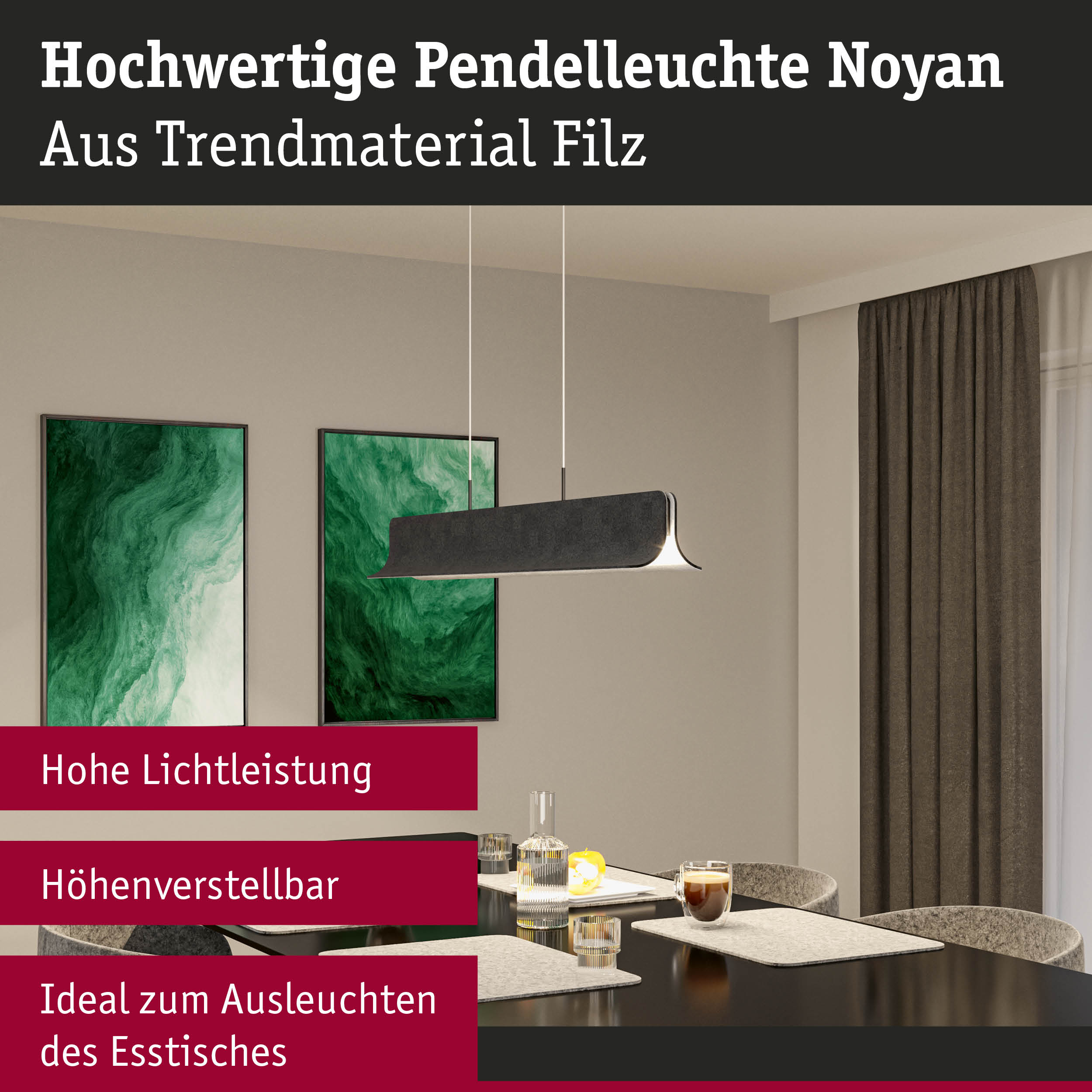 Moderne Pendelleuchte Noyan aus grauem Filz, höhenverstellbar, ideal für Esstischbeleuchtung