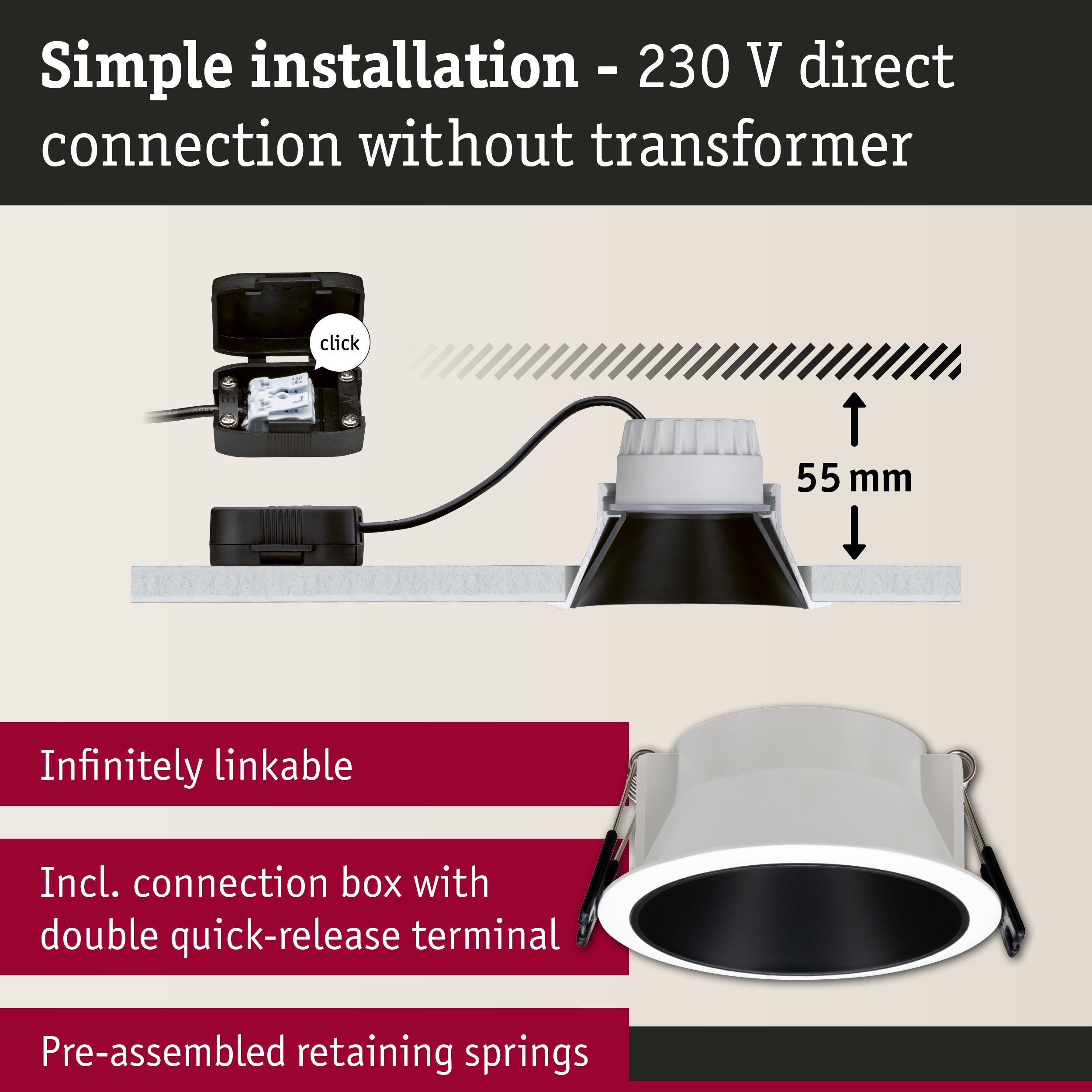 White recessed LED downlight with black inner ring, 230 V direct connection, easy installation, retaining springs