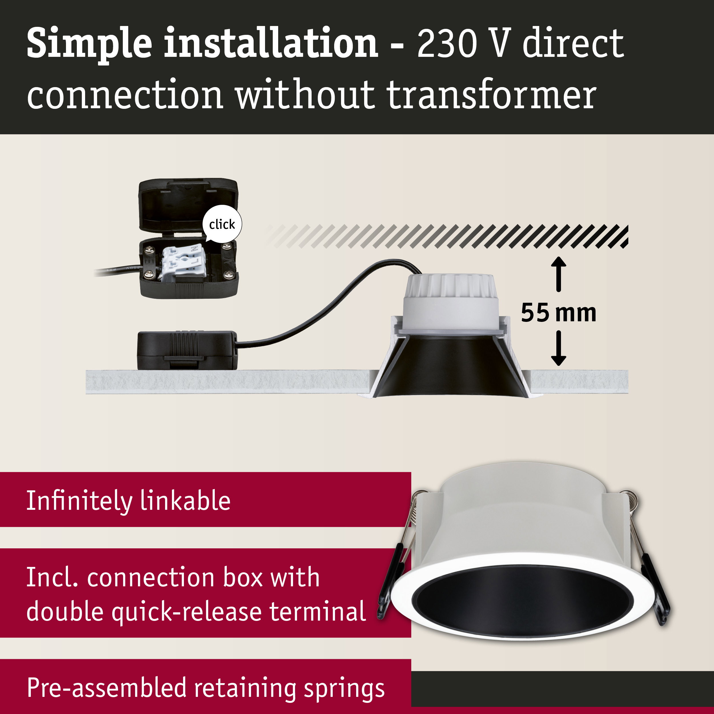 White recessed spotlight with black inner ring and connection box for simple 230V direct installation