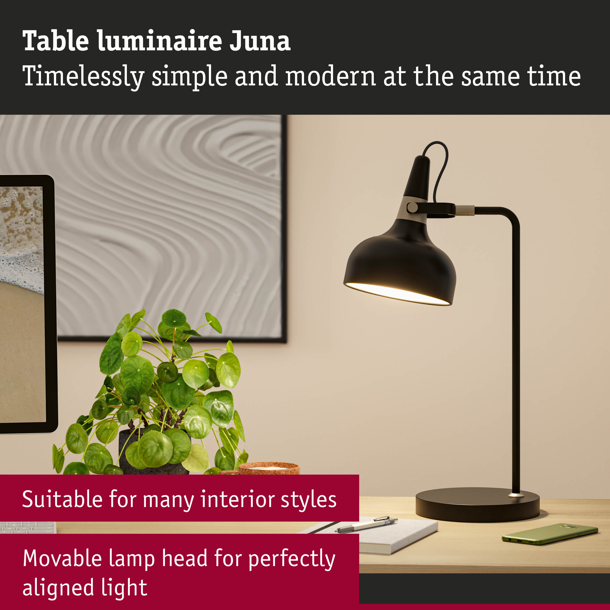 Black Juna metal table lamp with adjustable head for flexible lighting in office spaces