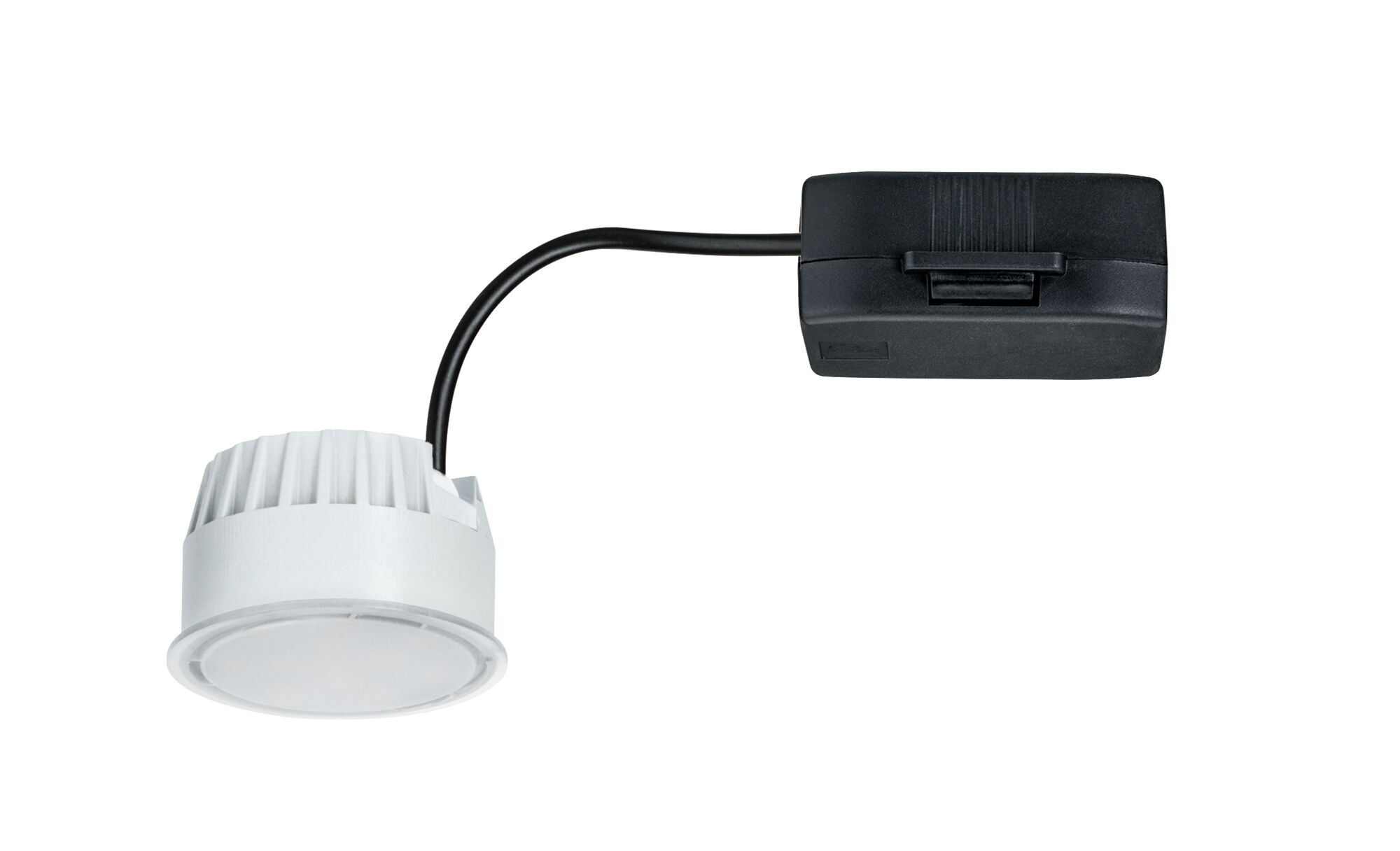 White LED recessed spotlight with black cable and driver for energy-efficient lighting solutions