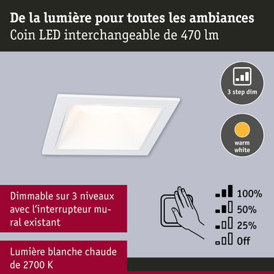 Spot LED encastré blanc 470 lm, lumière blanc chaud et gradation en 3 niveaux