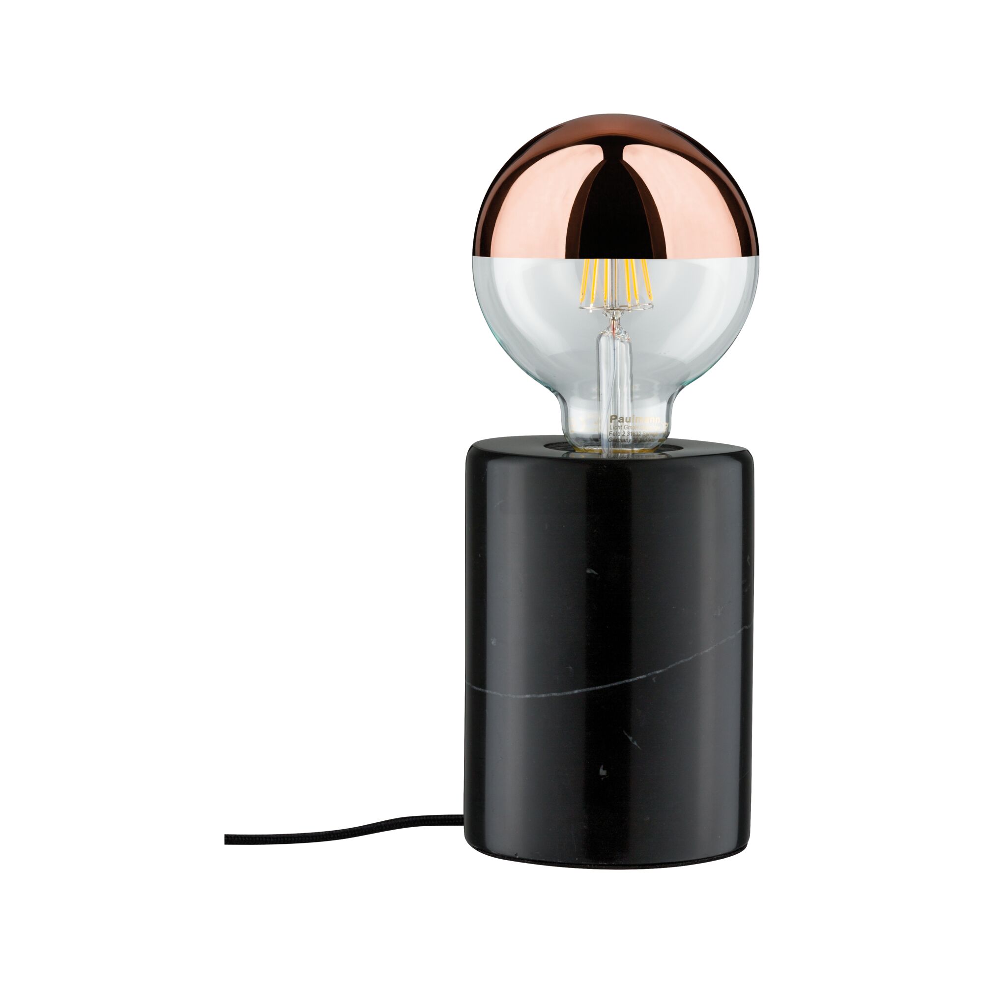 Modern table lamp with black marble base and half copper LED bulb for stylish home lighting