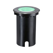 Round black metal LED ground recessed light with green illumination for outdoor use