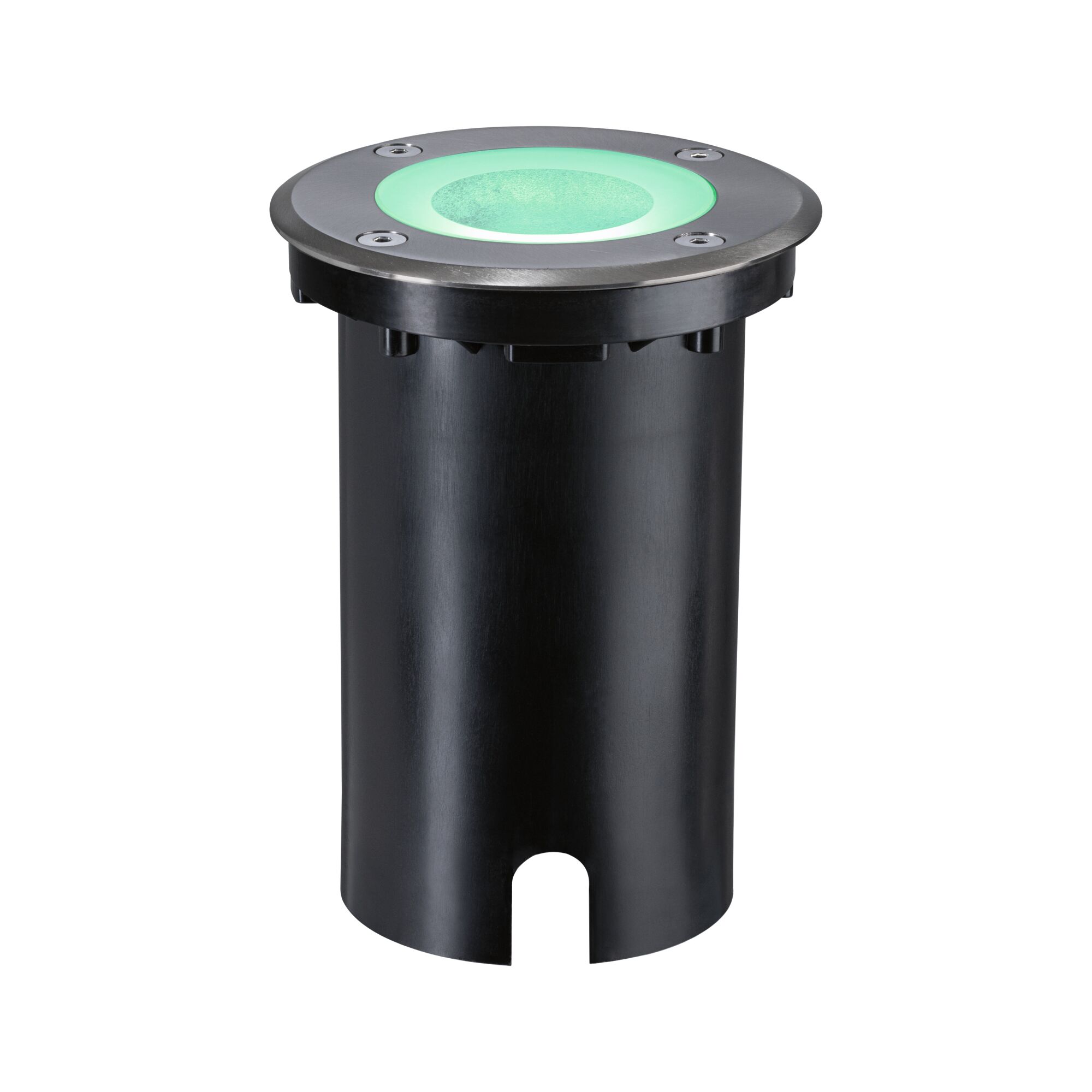 Round black metal LED ground recessed light with green illumination for outdoor use