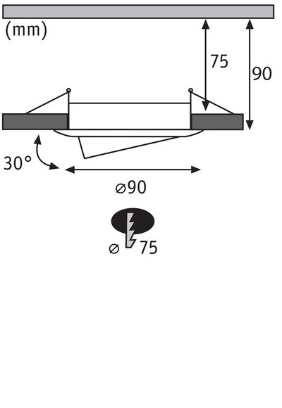 Technische tekening van inbouwspot met 90 mm diameter en 30 graden kanteling, afmetingen in mm.