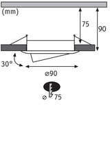 Schéma technique d'un spot encastré de 90 mm de diamètre avec inclinaison de 30 degrés, dimensions en mm.