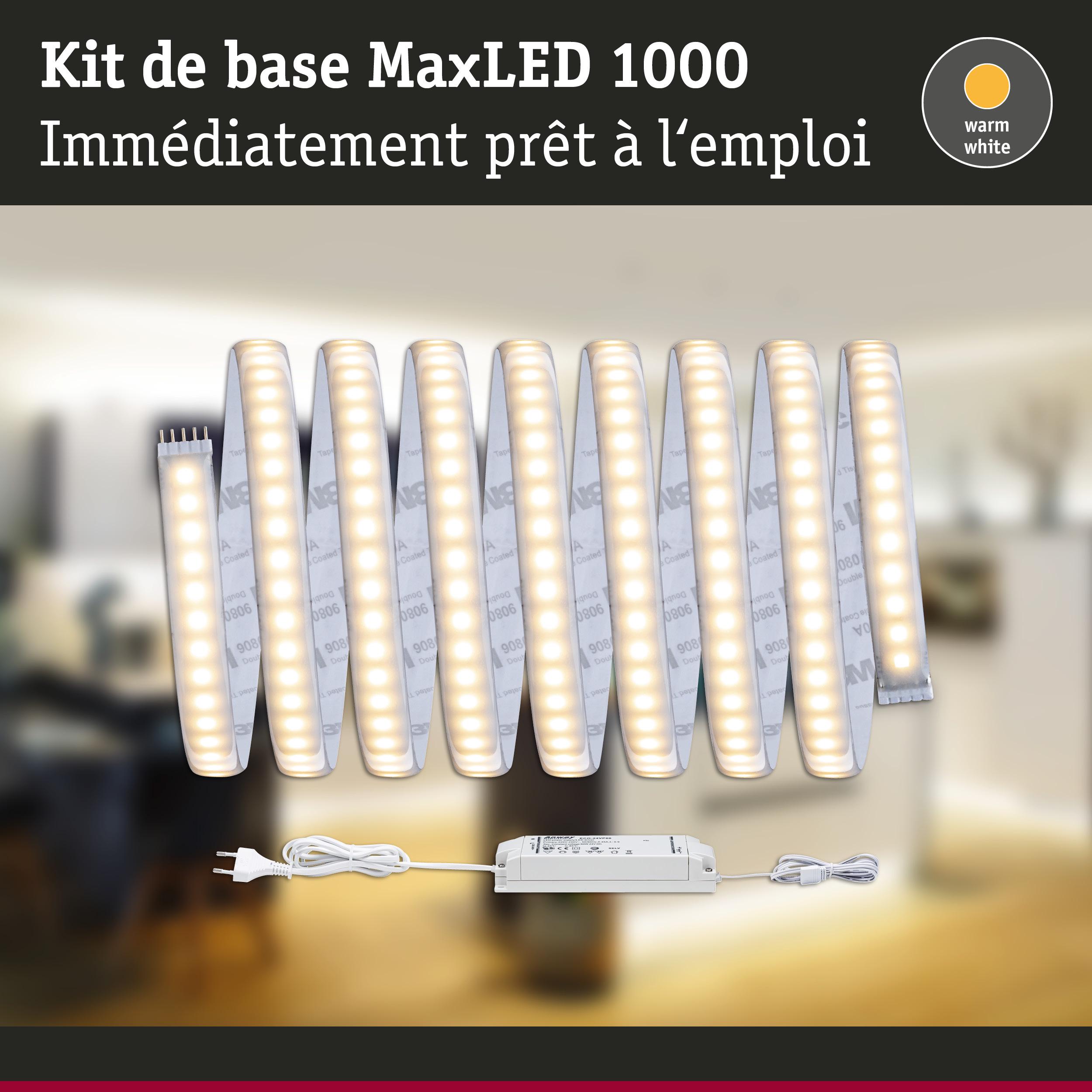 Kit MaxLED 1000 bande LED avec lumière blanc chaud et alimentation pour éclairage intérieur